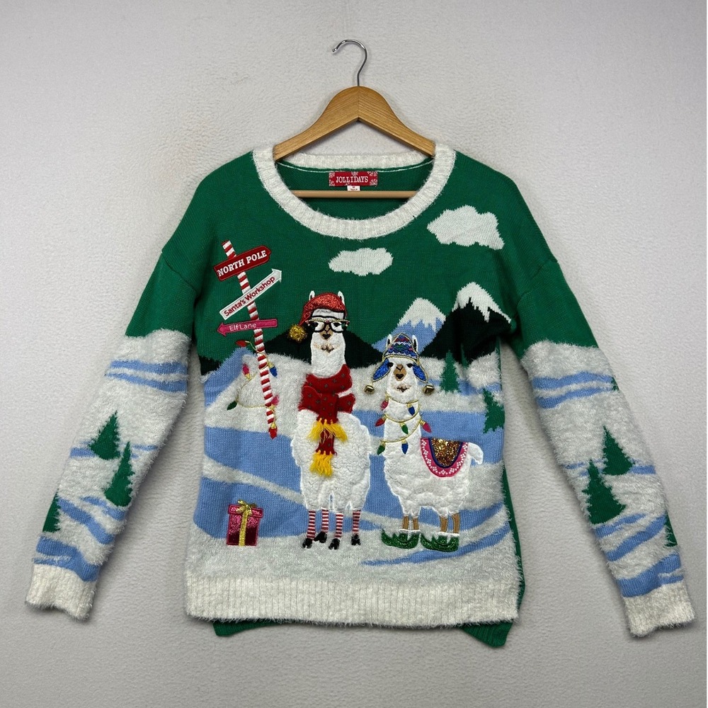 Ugly Christmas Jollidays Womens Medium Green Llama Sequin Holiday Sweater